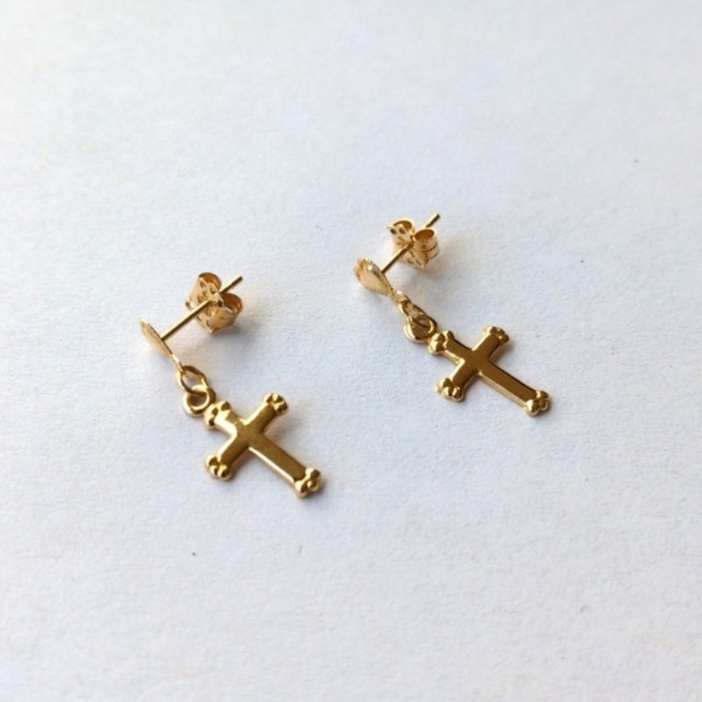 Solid 10K gold cross and heart dangle earrings